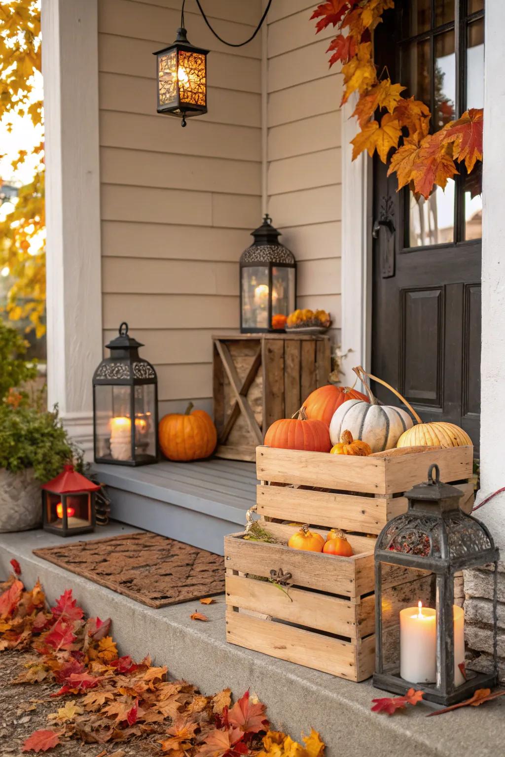 Classic pieces introduce charm and history to a fall-themed entrance.