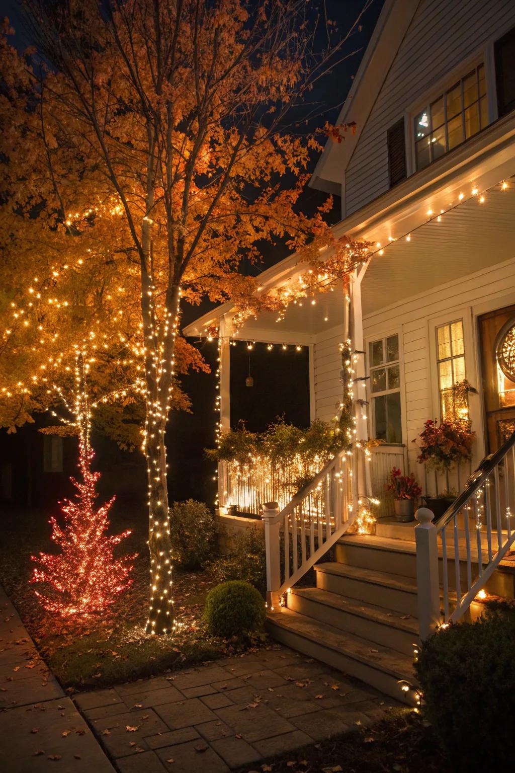Twinkling trees add height and a magical glow to the autumn porch.