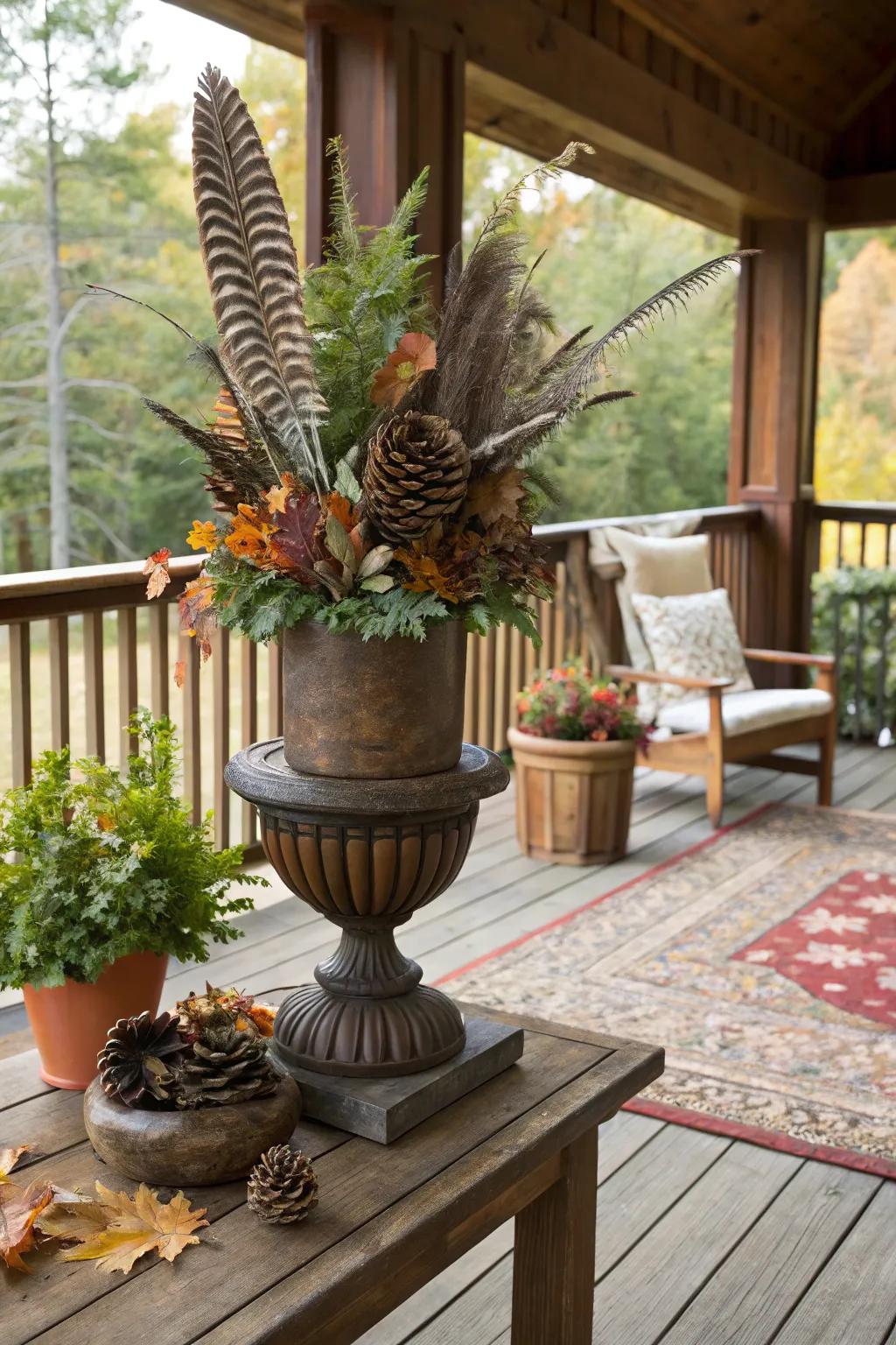 Woodland charm achieved with plumes and cones within an autumnal pot.