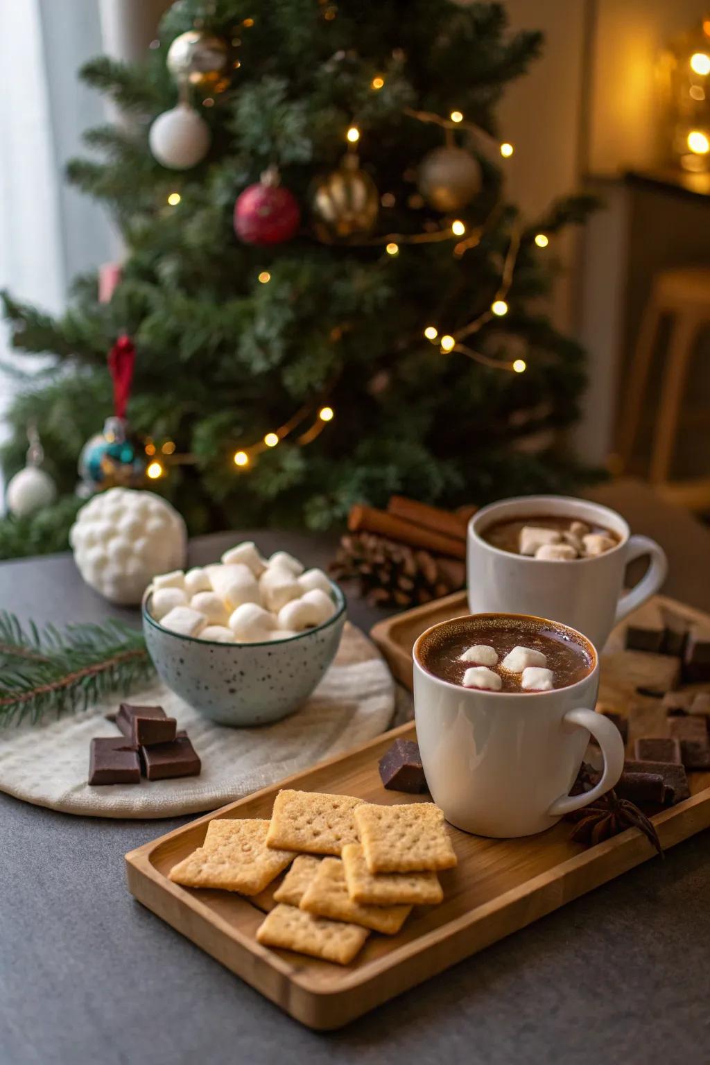Enjoy s'mores and hot chocolate together.