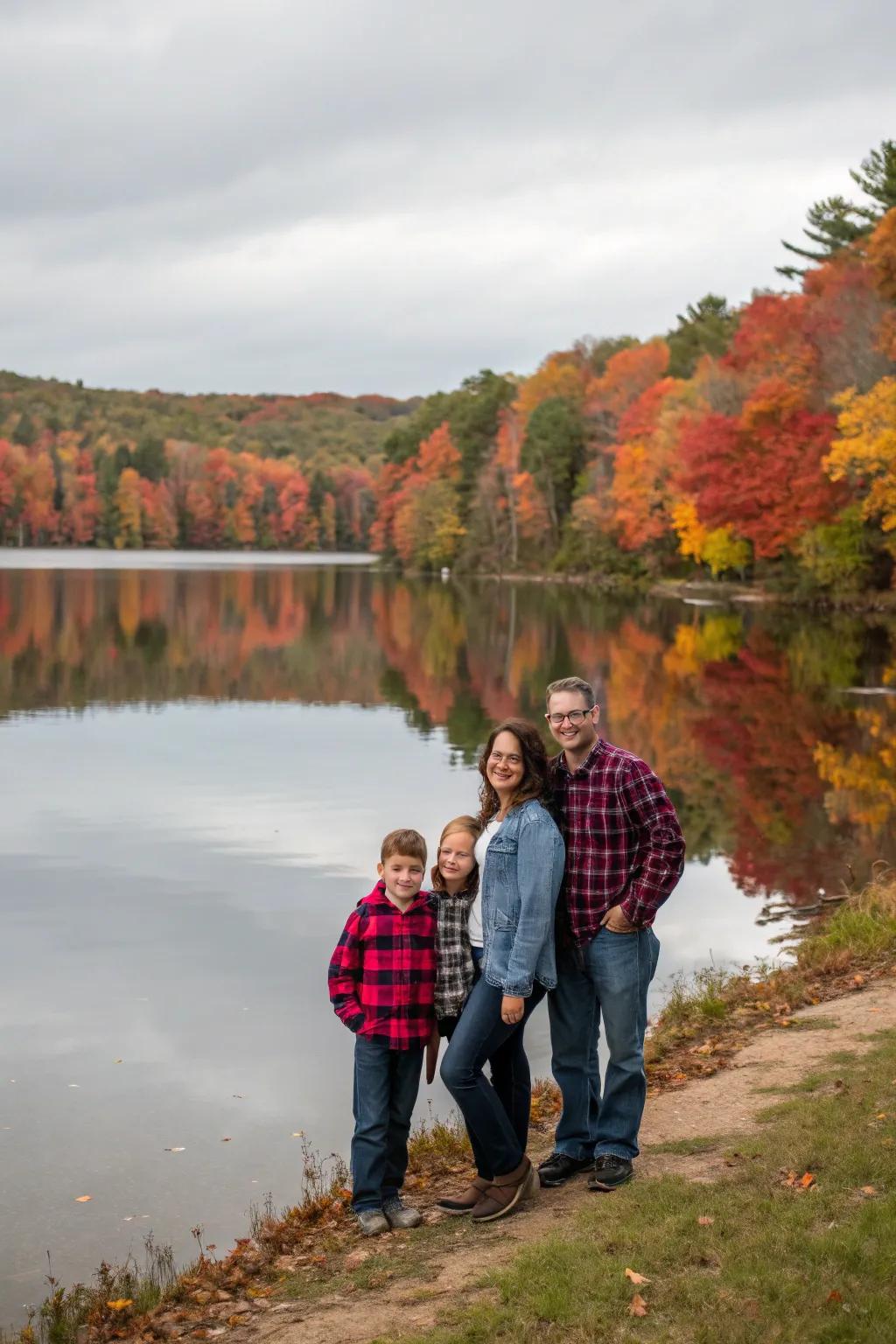 A lakeside view offers tranquility and breathtaking reflections for family photos.