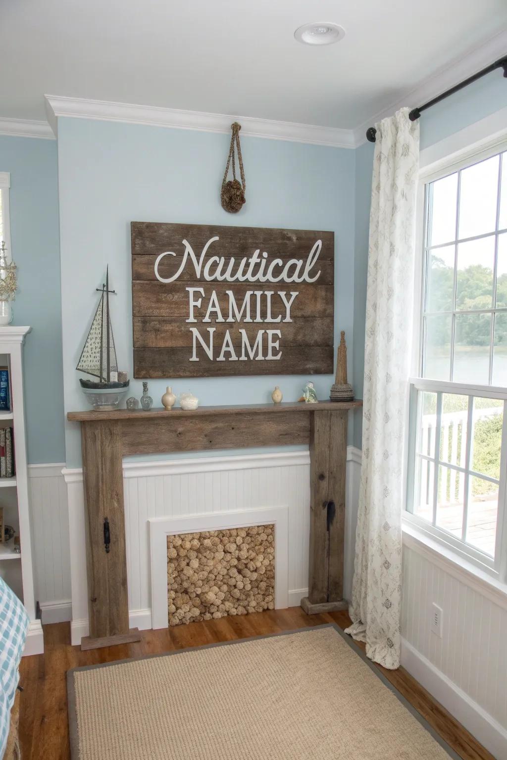 A nautical-themed lineage name marker enriching a coastal chamber's ornamentation.