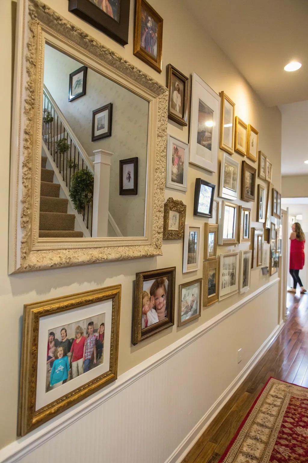 Mirrors adding depth to a family photo wall.