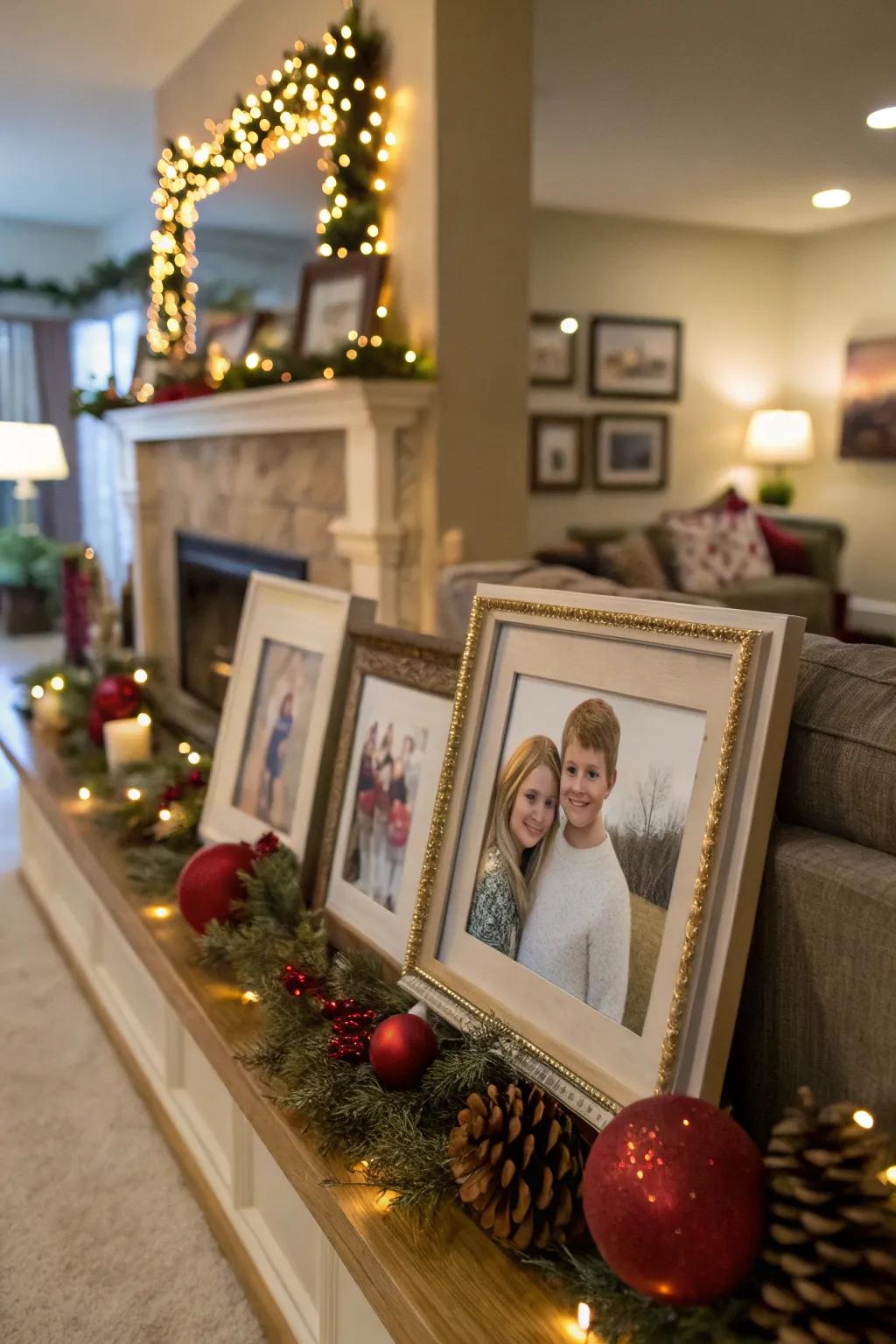 Seasonal portrait presentation featuring themed ornaments