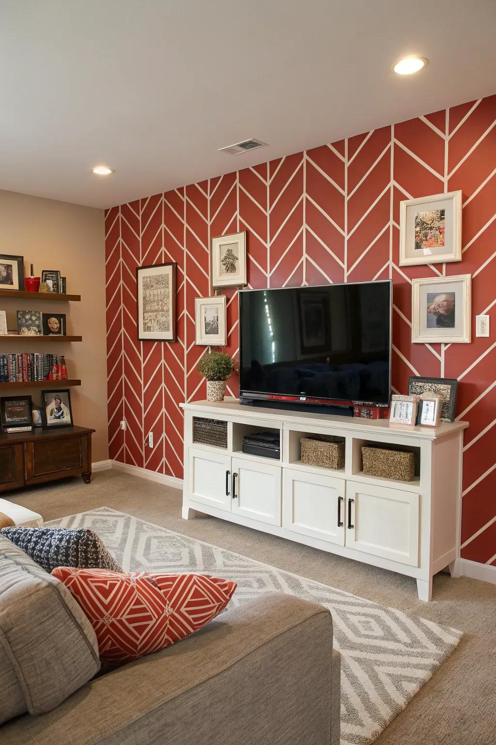 A bold feature wall adds drama and elegance to the family room.