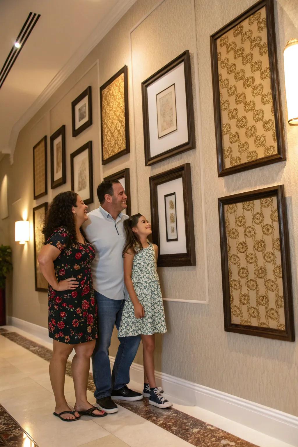 Exaggerated bordering accentuating family portraits for a refined wall showcase.