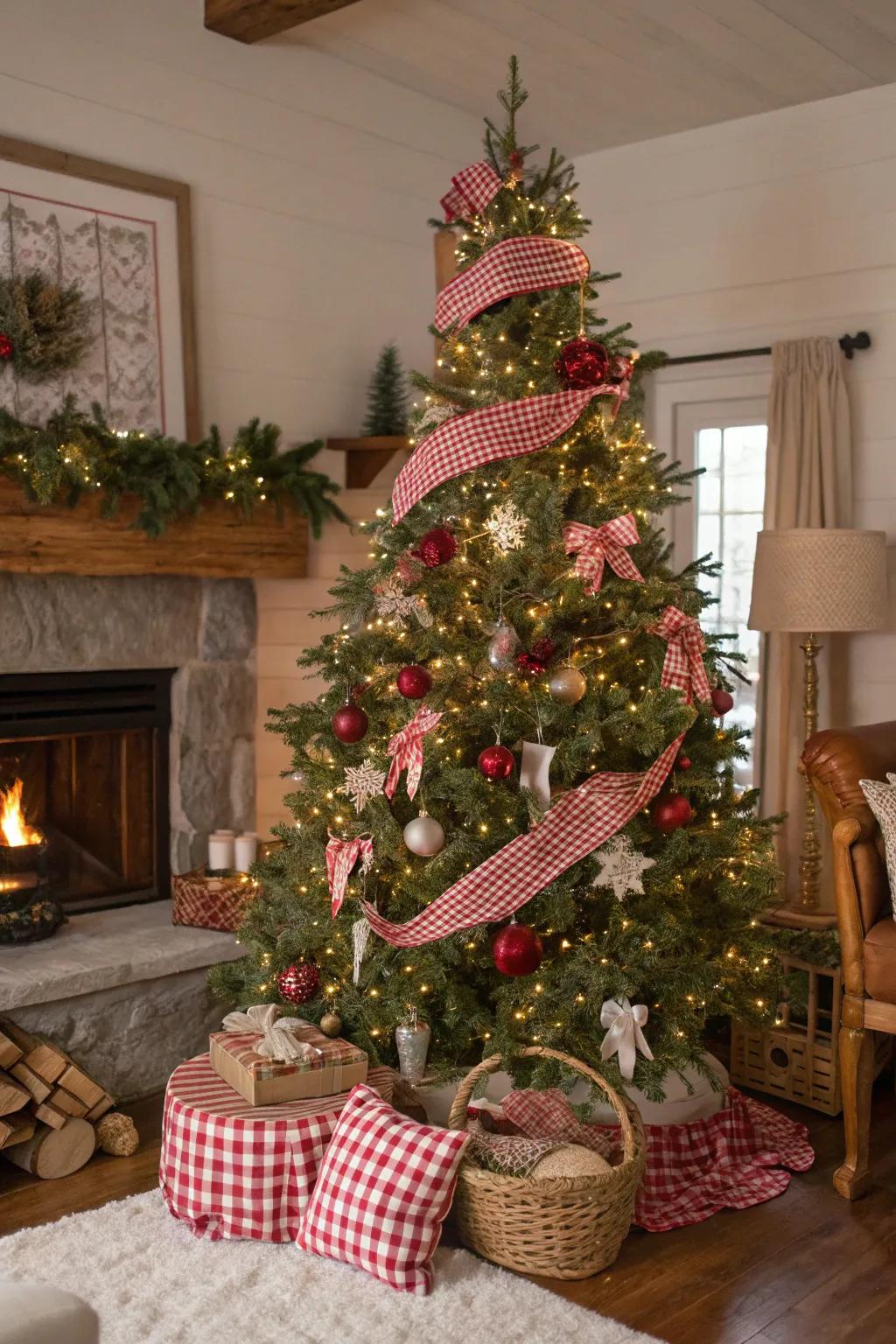 Cloth covers add layers of interest and warmth to this Christmas tree.