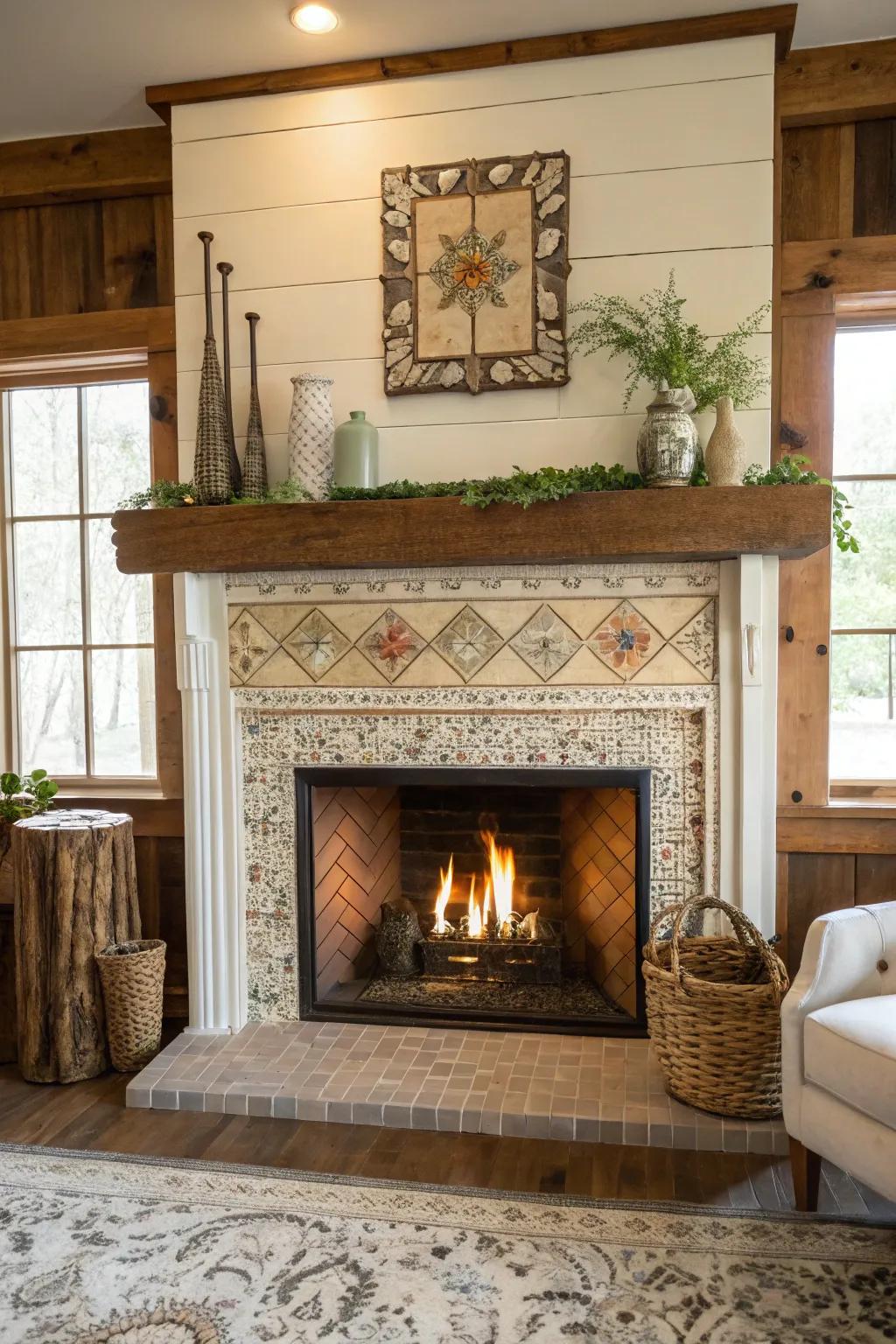 Elegant polished stone mosaic tiles featured on a farmhouse fireplace.