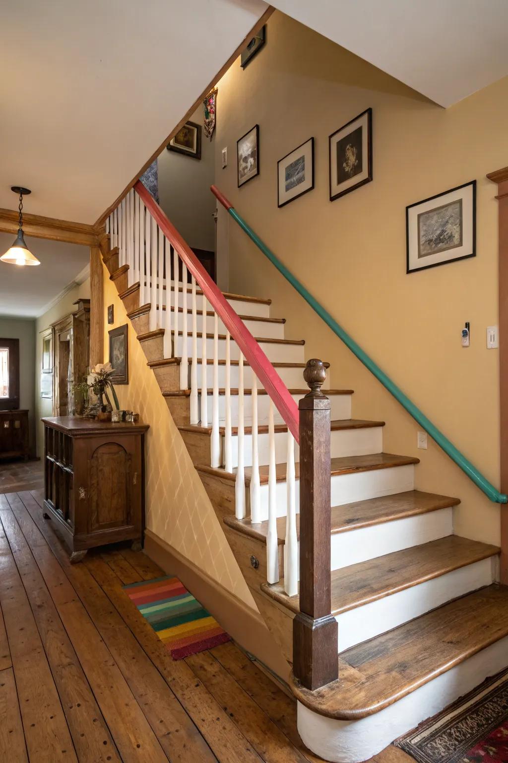 The staircase is given some personality with a pop of color.