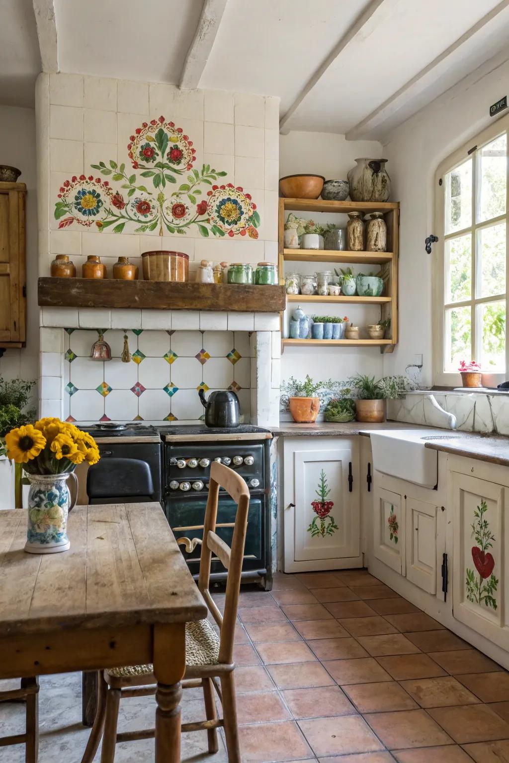 A farmhouse kitchen presenting artisanal painted panels.