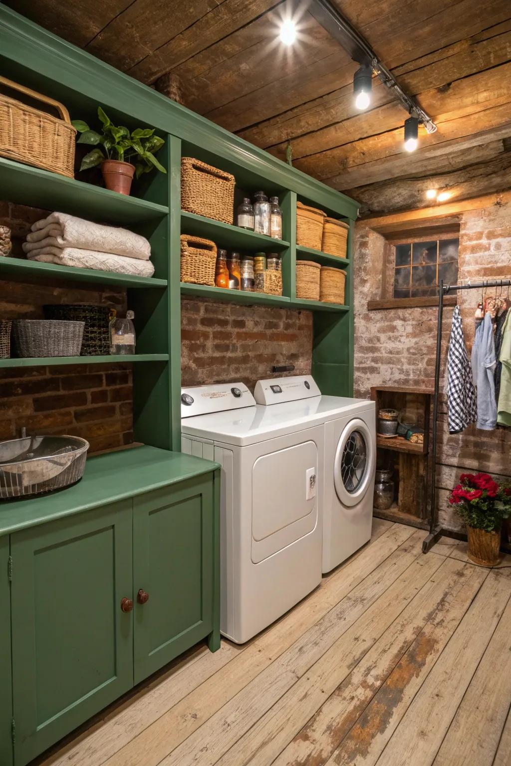 Painted shelves provide a splash of tint and persona in this farmhouse laundry area.
