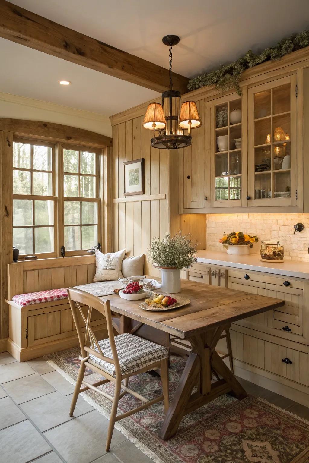 A cozy breakfast nook contributes to the warmth of a kitchen fitted with pale timber units.
