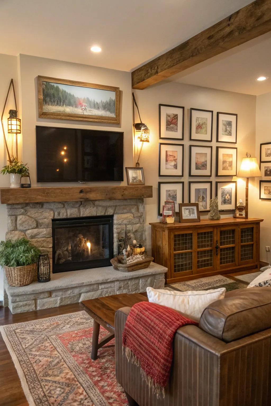 A farmhouse sitting room featuring a TV atop the mantel, beautifully accented by a display feature.