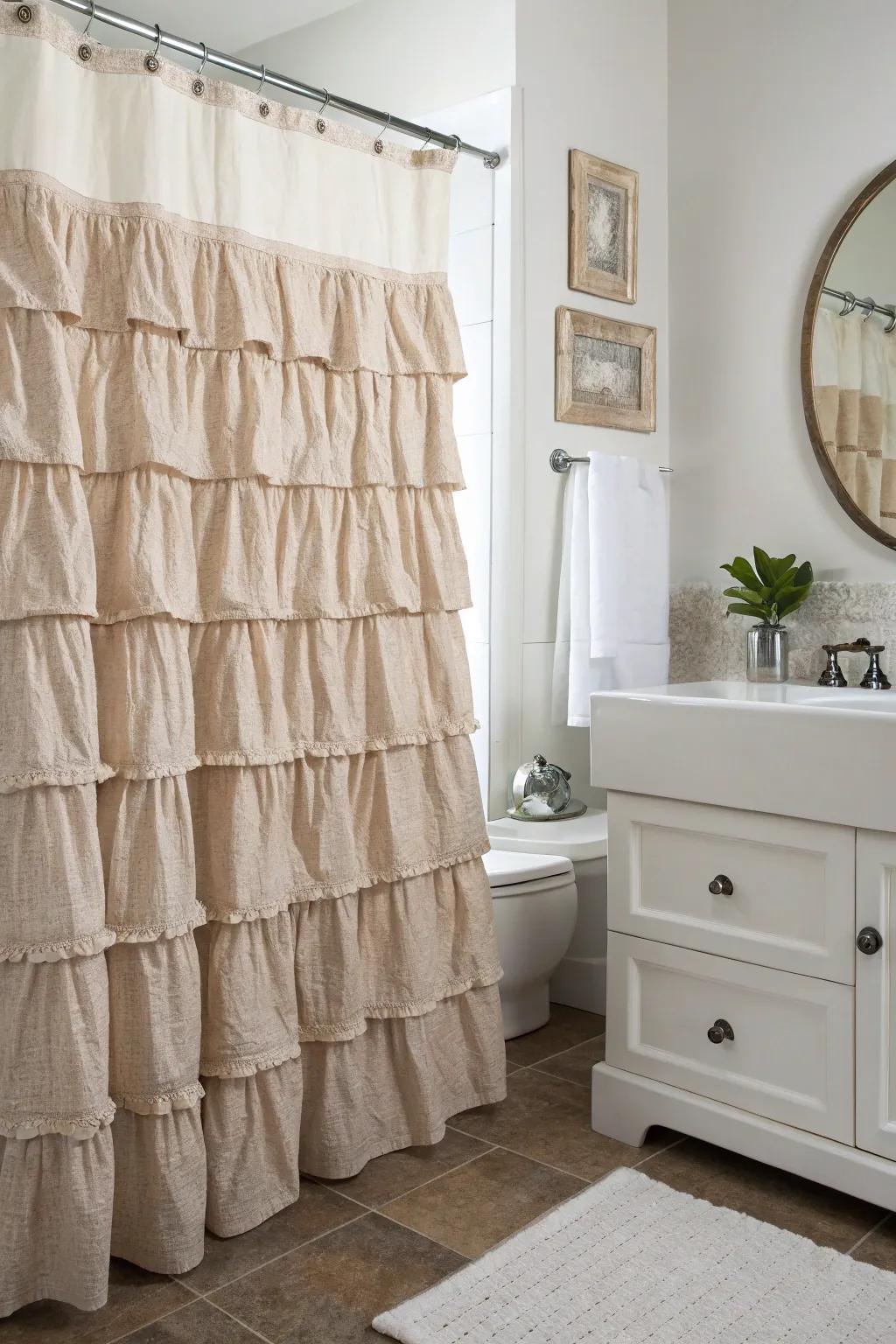 A bathroom with a shower covering featuring charming rustic pleats.