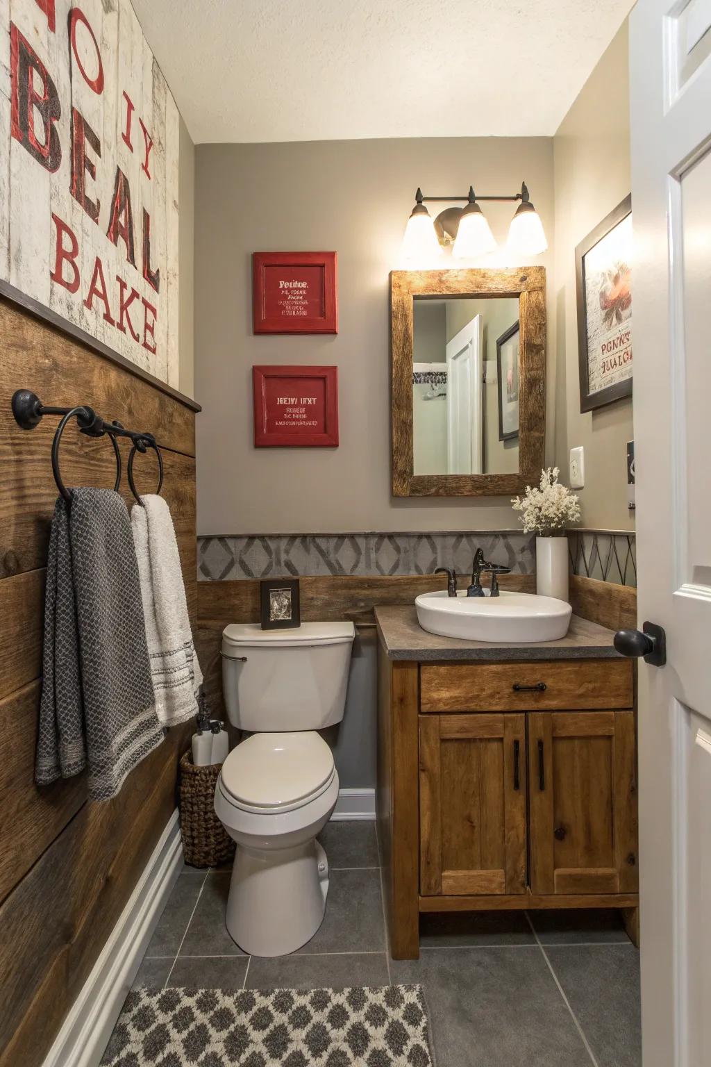 A statement wall injects a dramatic focal point into this farmhouse bathroom.