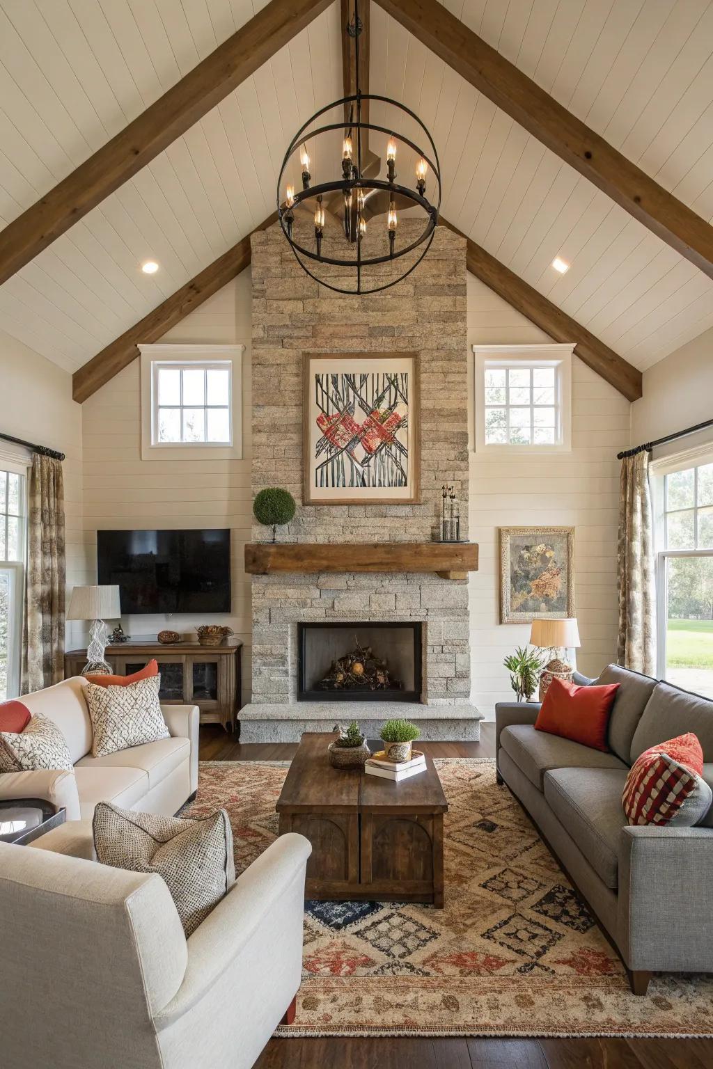 A bold artistic piece above the hearth in a stylish countryside-inspired living area.