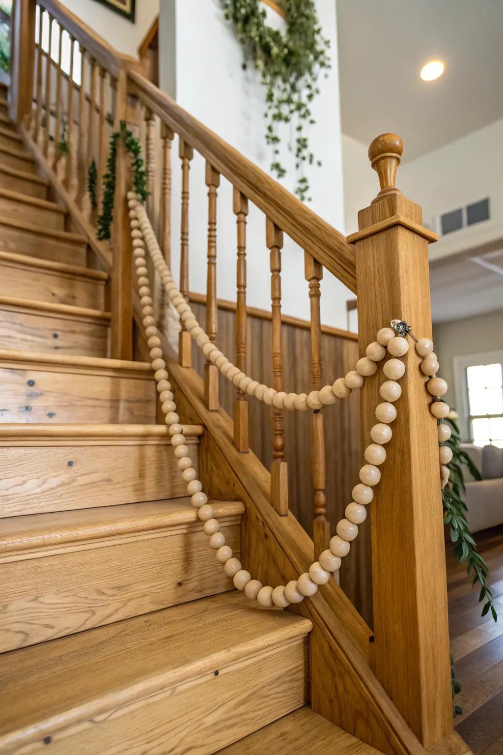 Staircase railing embellished with bead strand.