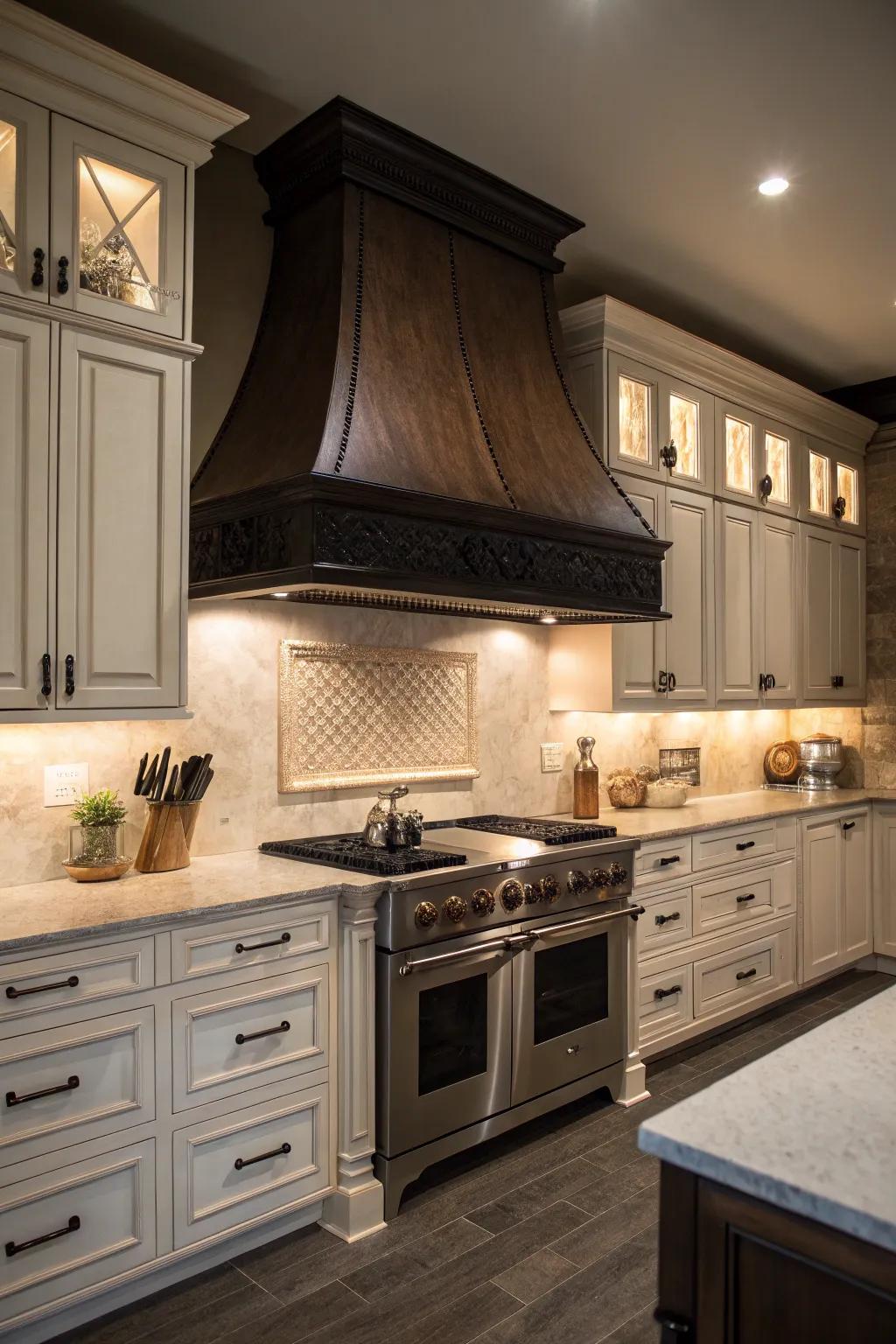 A dark wood range hood creates striking contrast and drama.