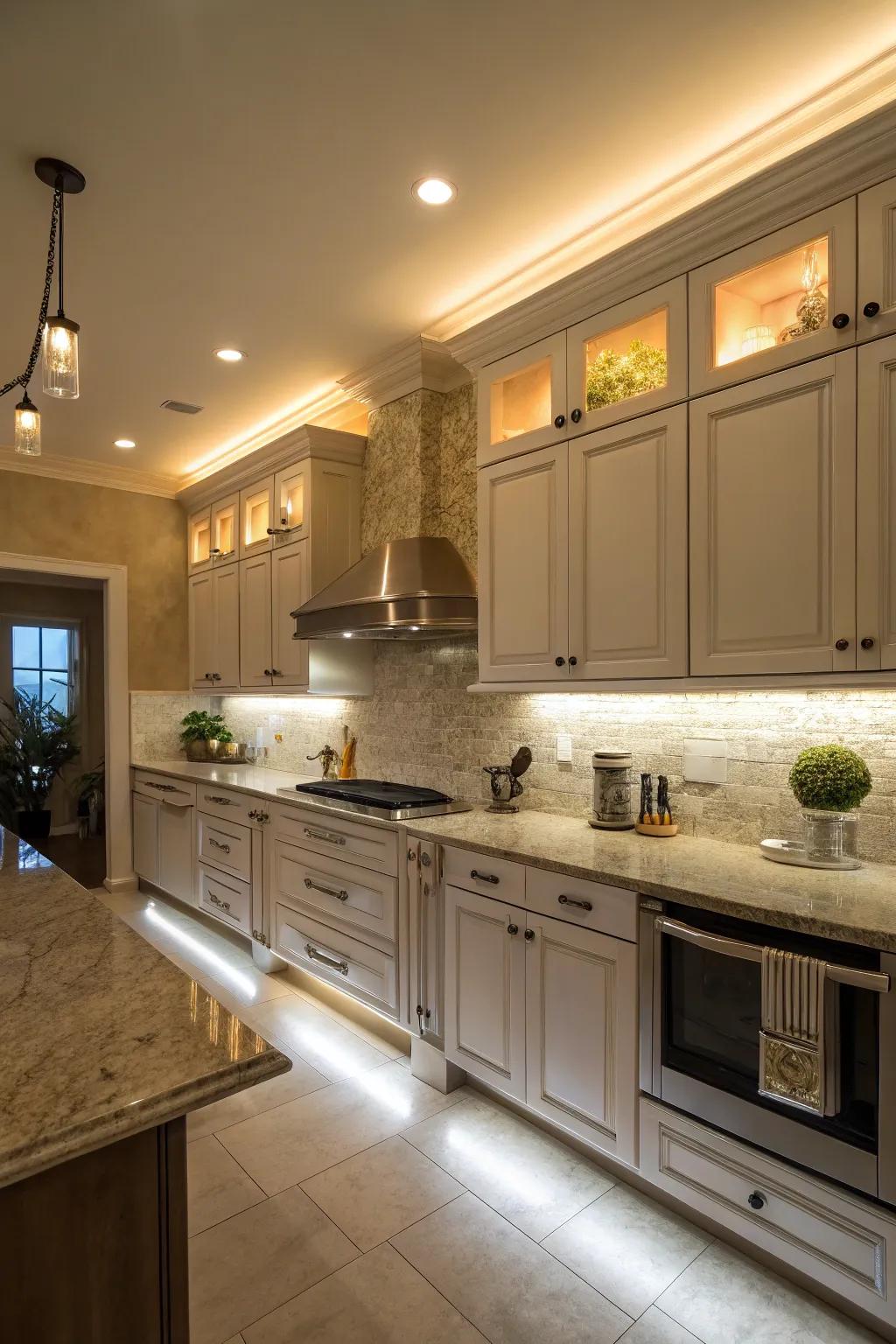 A warm glow created by simulated trim and under-cabinet lights.