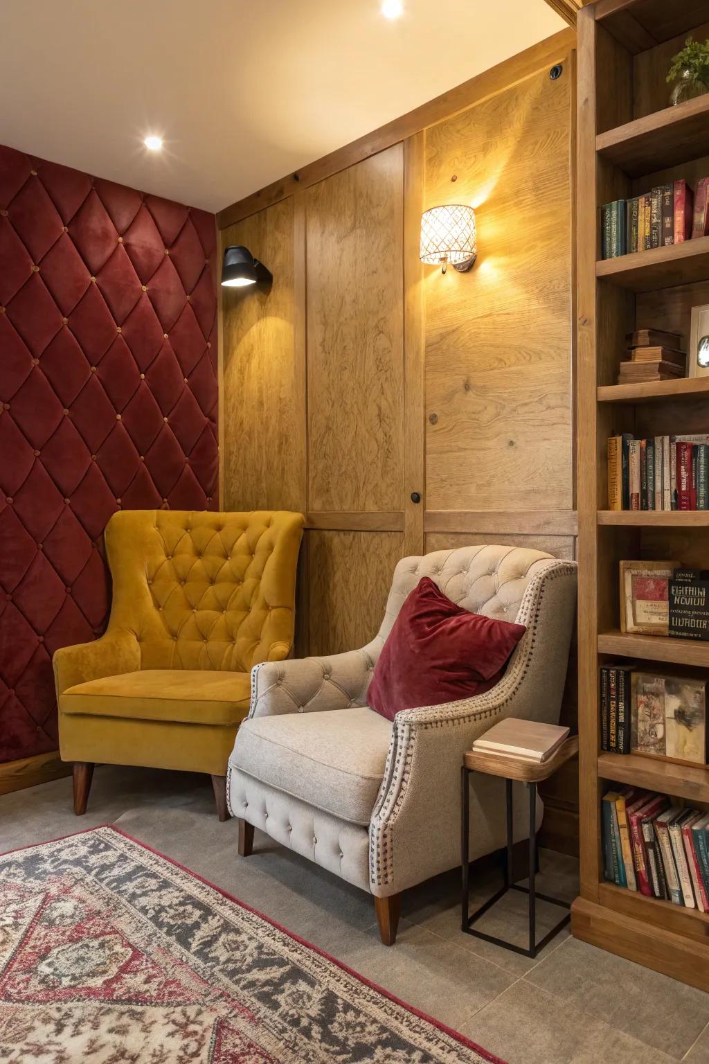 A velvet-wrapped wall injects coziness and feel into this reading corner.