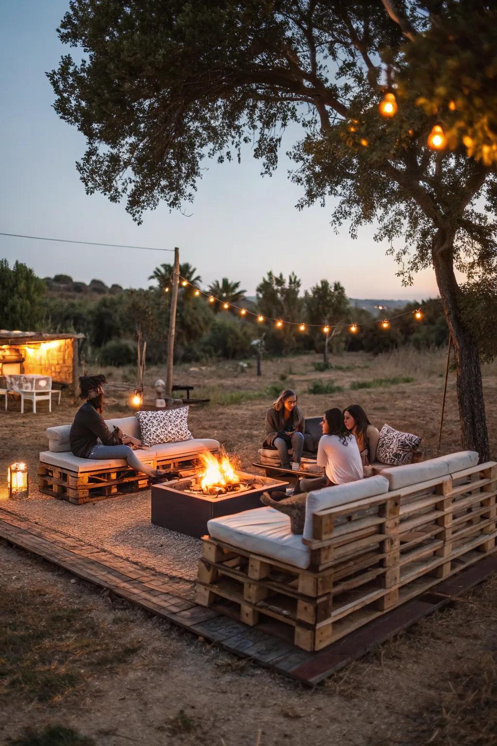 Sustainable pallet furniture adds a personal touch to the fire pit space.