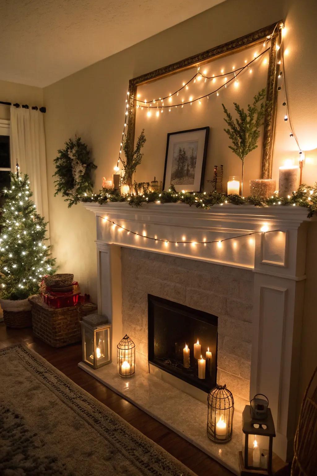Snug illumination amplifying the mantel's ambiance.