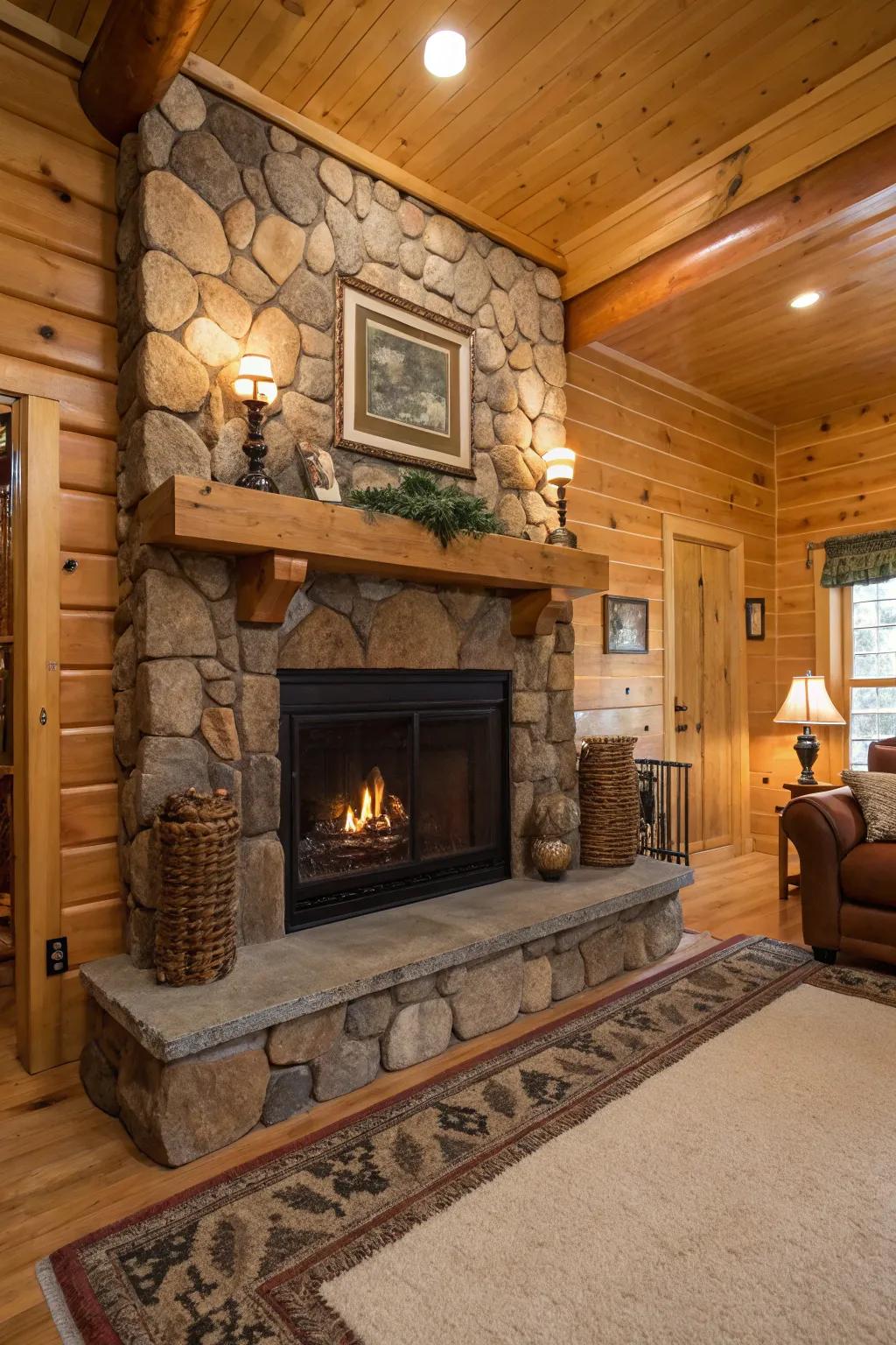 Rustic wood mantels impart an impression of nature and comfort.
