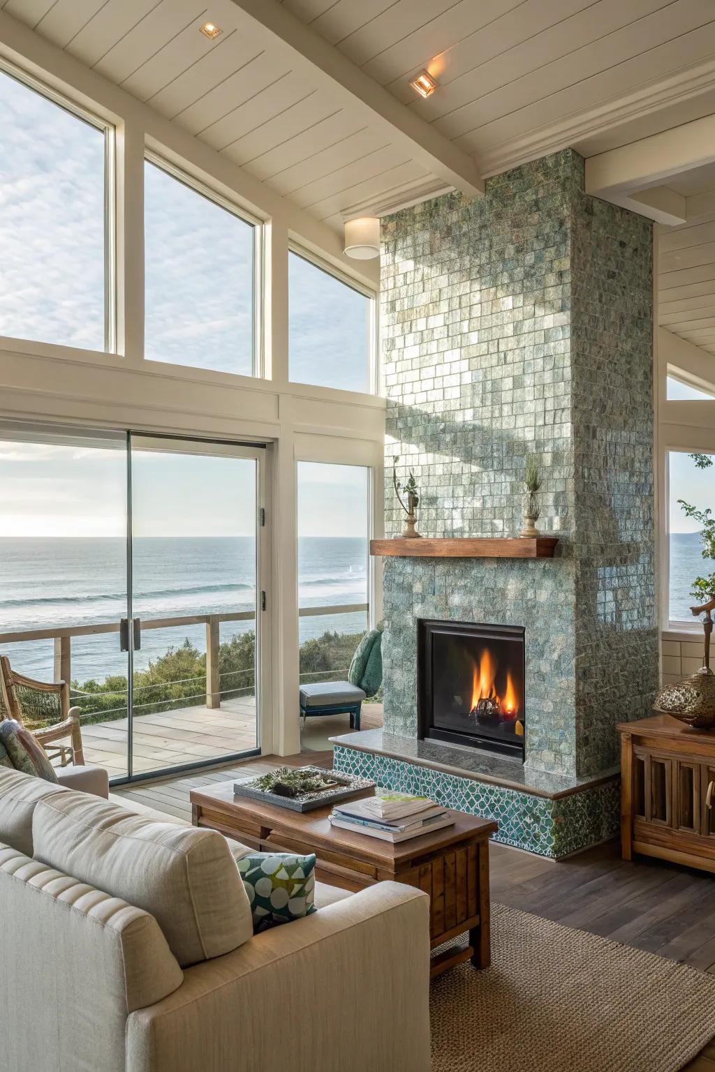 A seaside living space showcasing a fireplace with shimmering glass mosaic pieces.