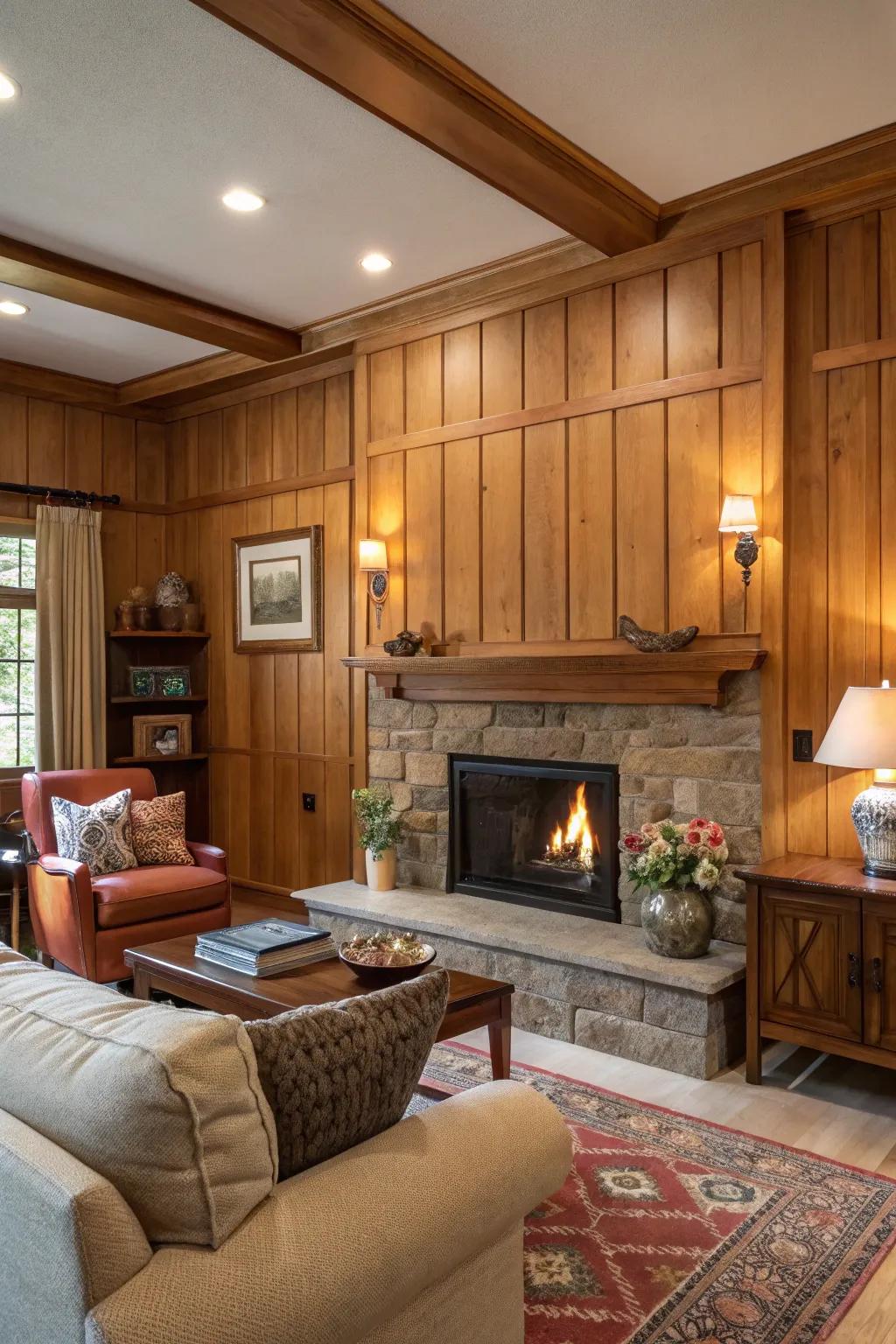 Inviting timber boards fashion a snug ambiance encircling this fireplace.
