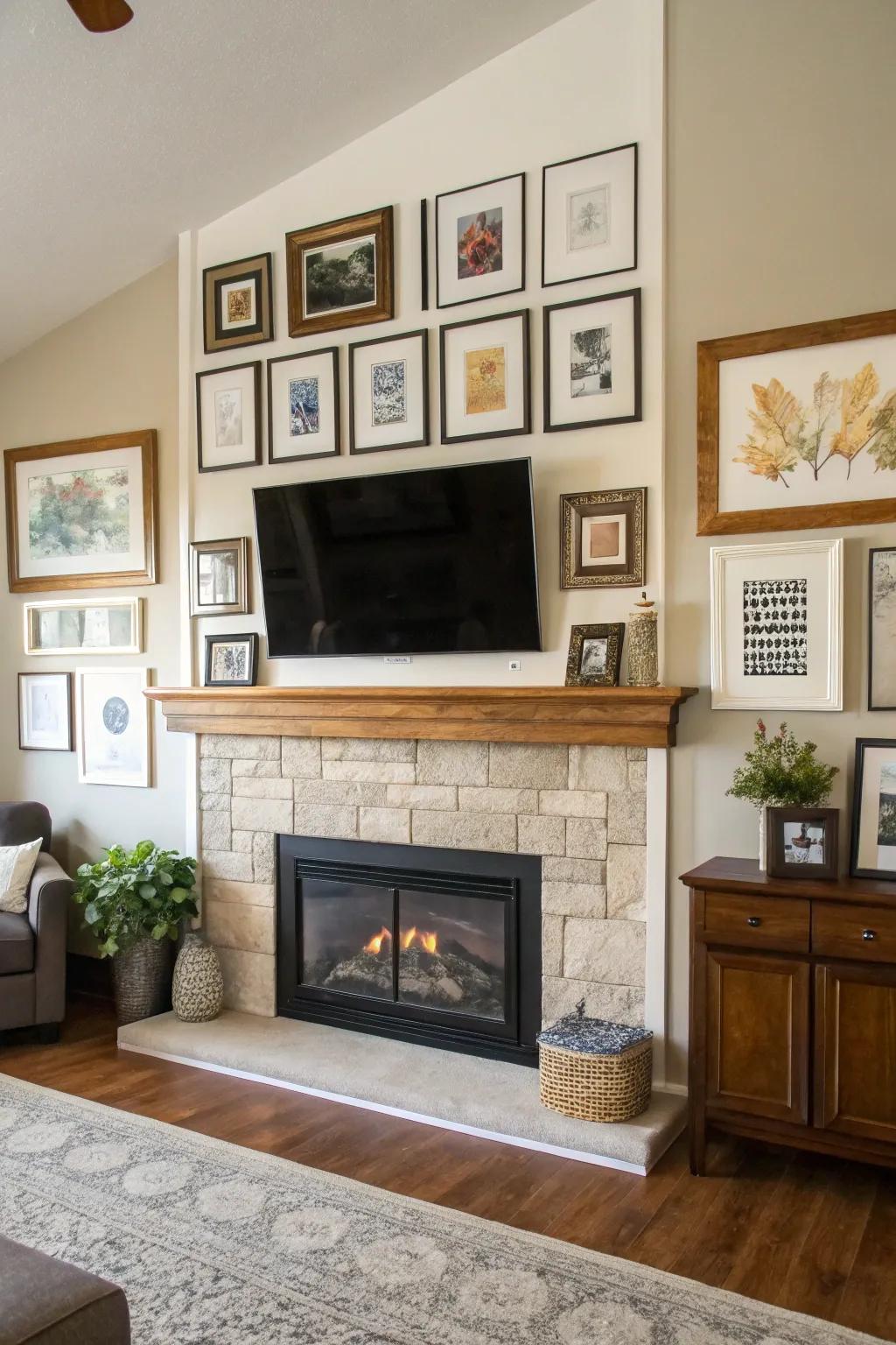 An inventive gallery wall surrounding a fireplace and TV in a lounge.