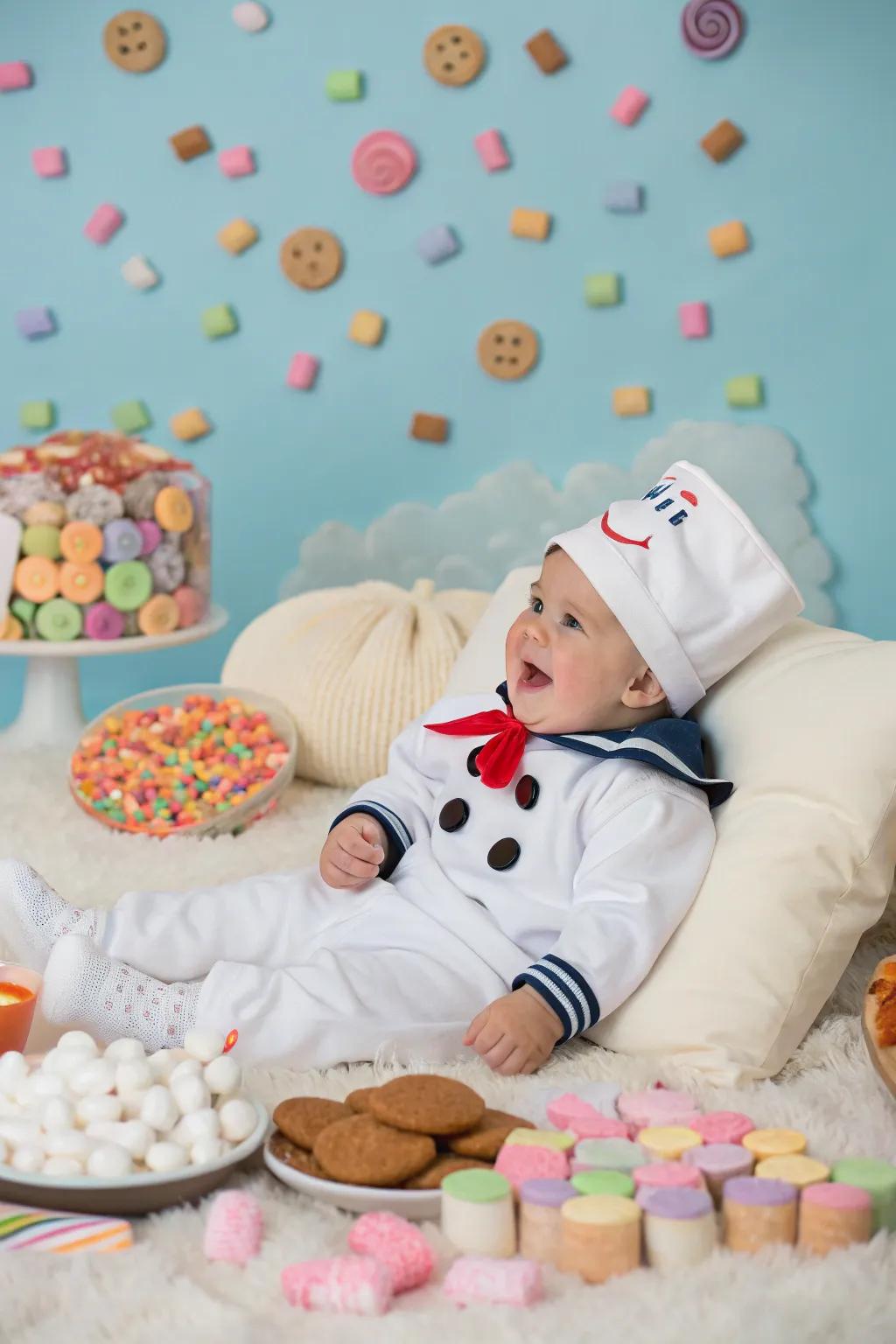 A fluffy marshmallow man costume for a delightful Halloween.