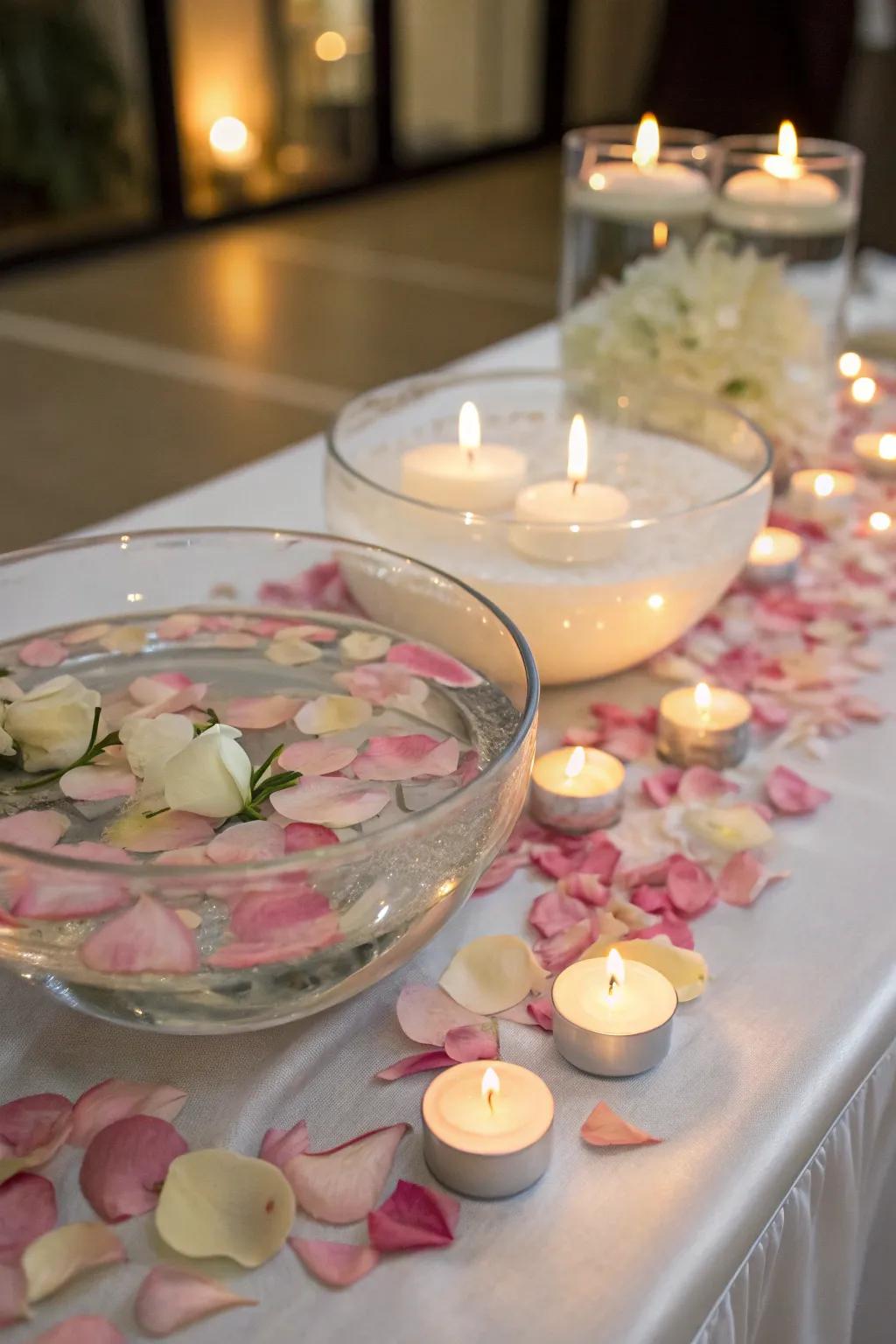 Distinctive centerpieces with floating tapers create a serene and elegant atmosphere.
