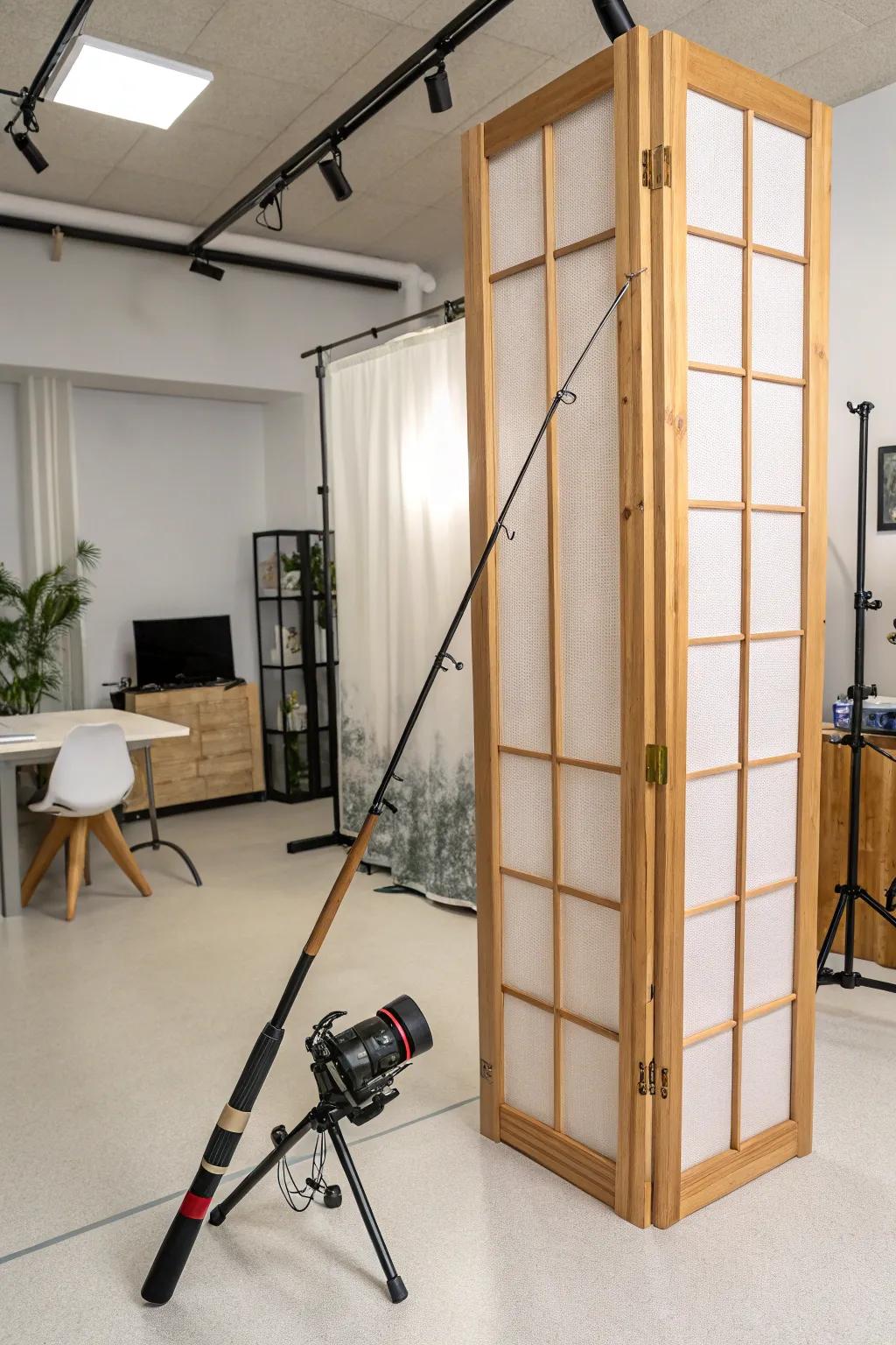 Angling tools fashion a stylish and utilitarian chamber partition.
