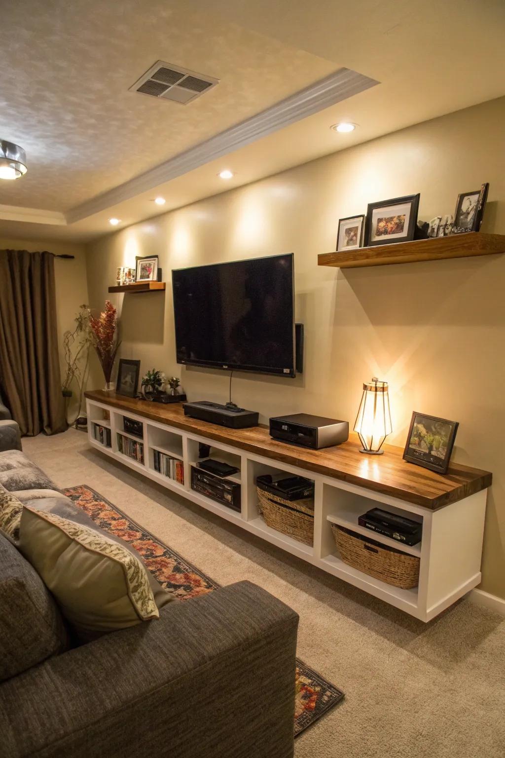 A sleek entertainment setup with a floating media console