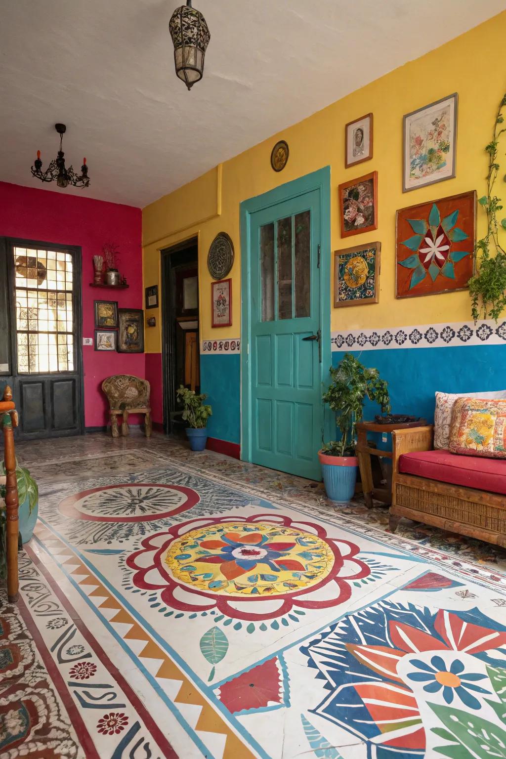Painted floors lend a daring, creative impression to any room.