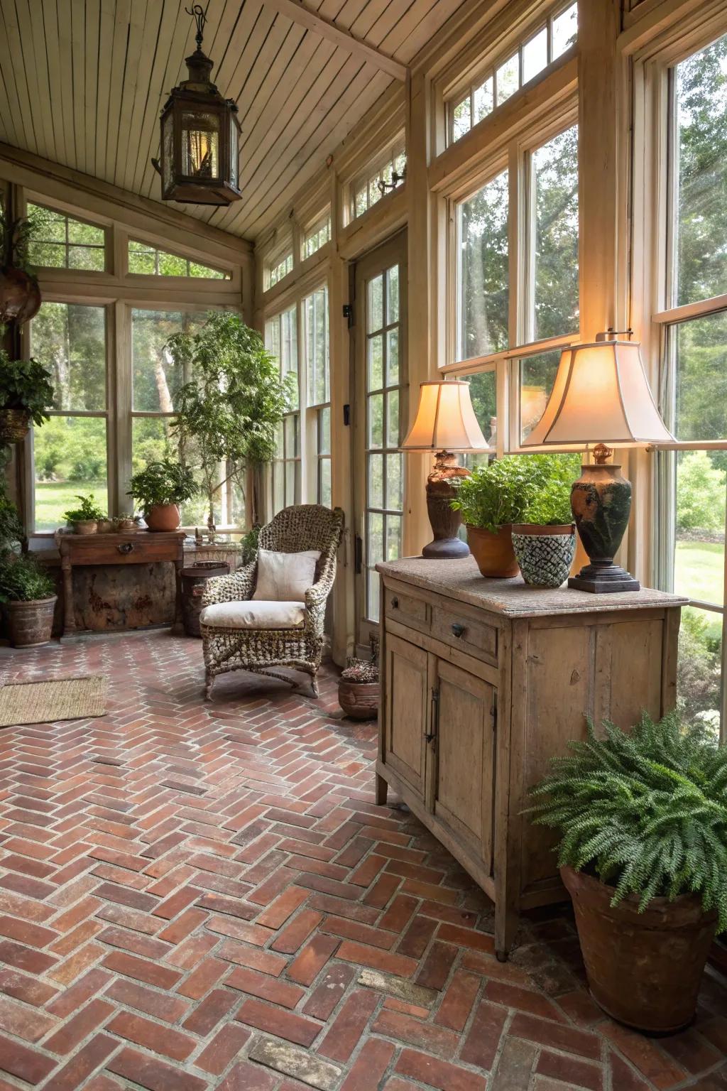 Rustic charm with herringbone brick floors.