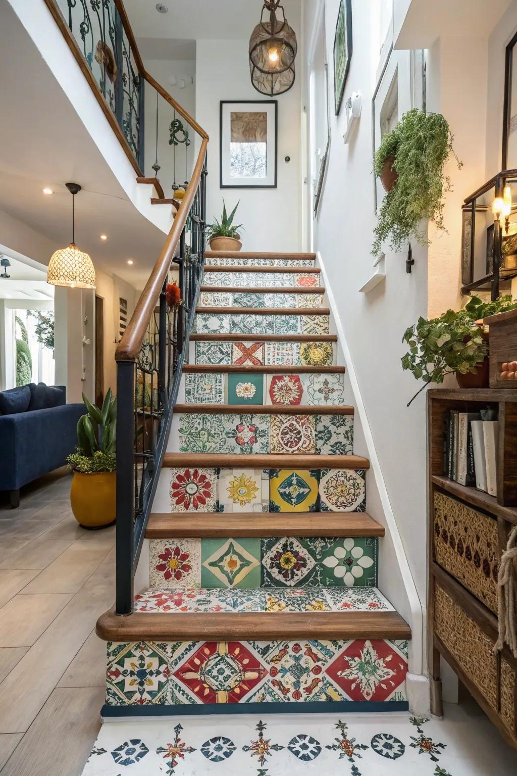 Vinyl tiles present a daring and vibrant alternative for fashionable staircases.