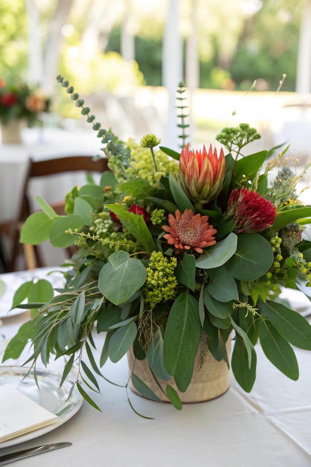 A floral centerpiece with an abundance of greenery on a table.