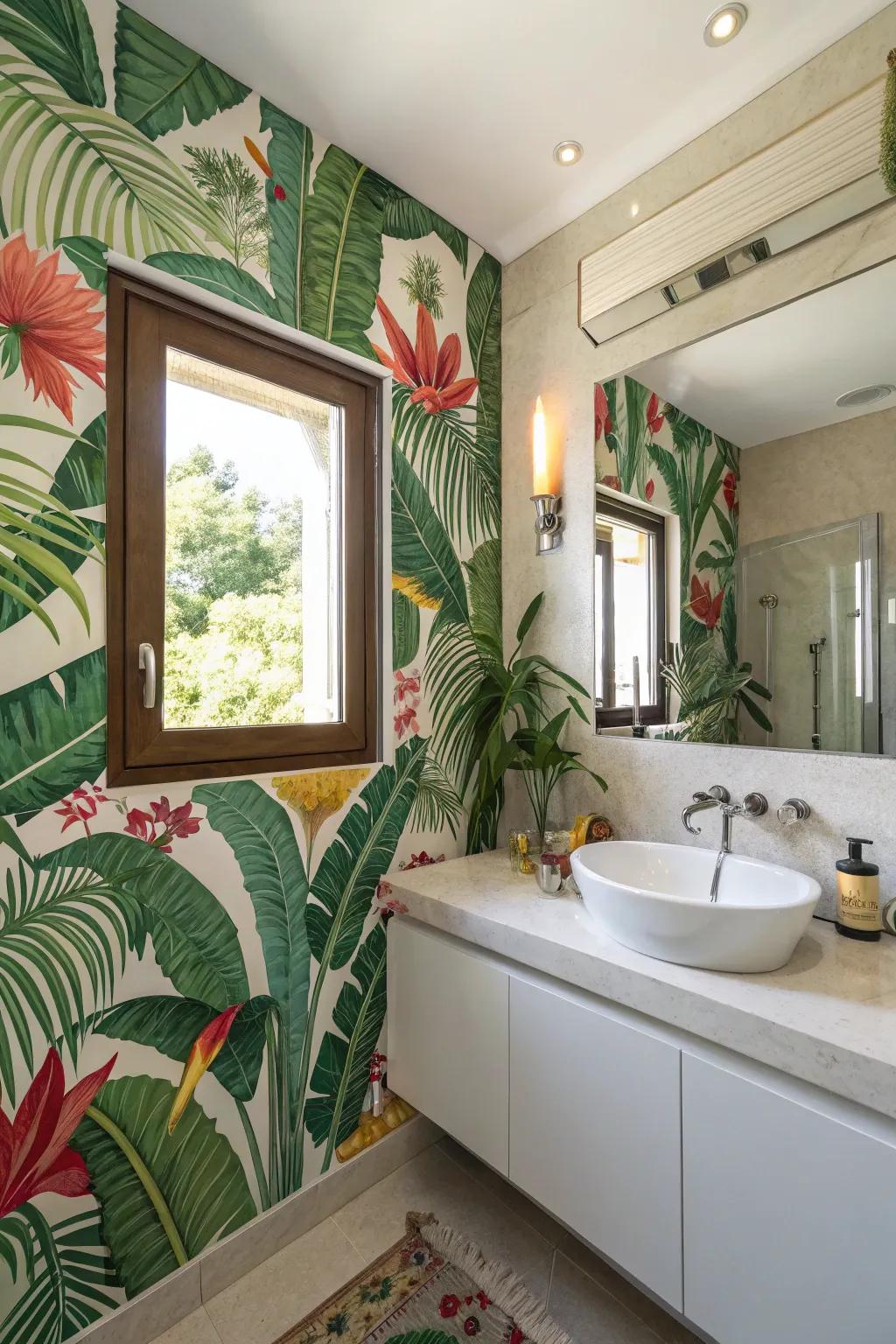 Tropical wallcovering transforms the space into a vibrant paradise.