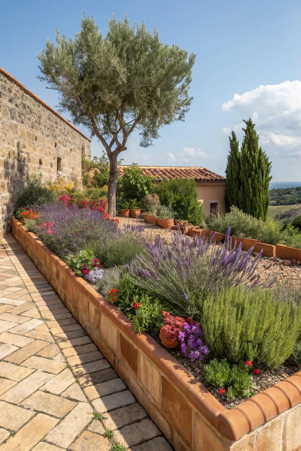 Clay tiles add a warm, Mediterranean vibe to flower beds.