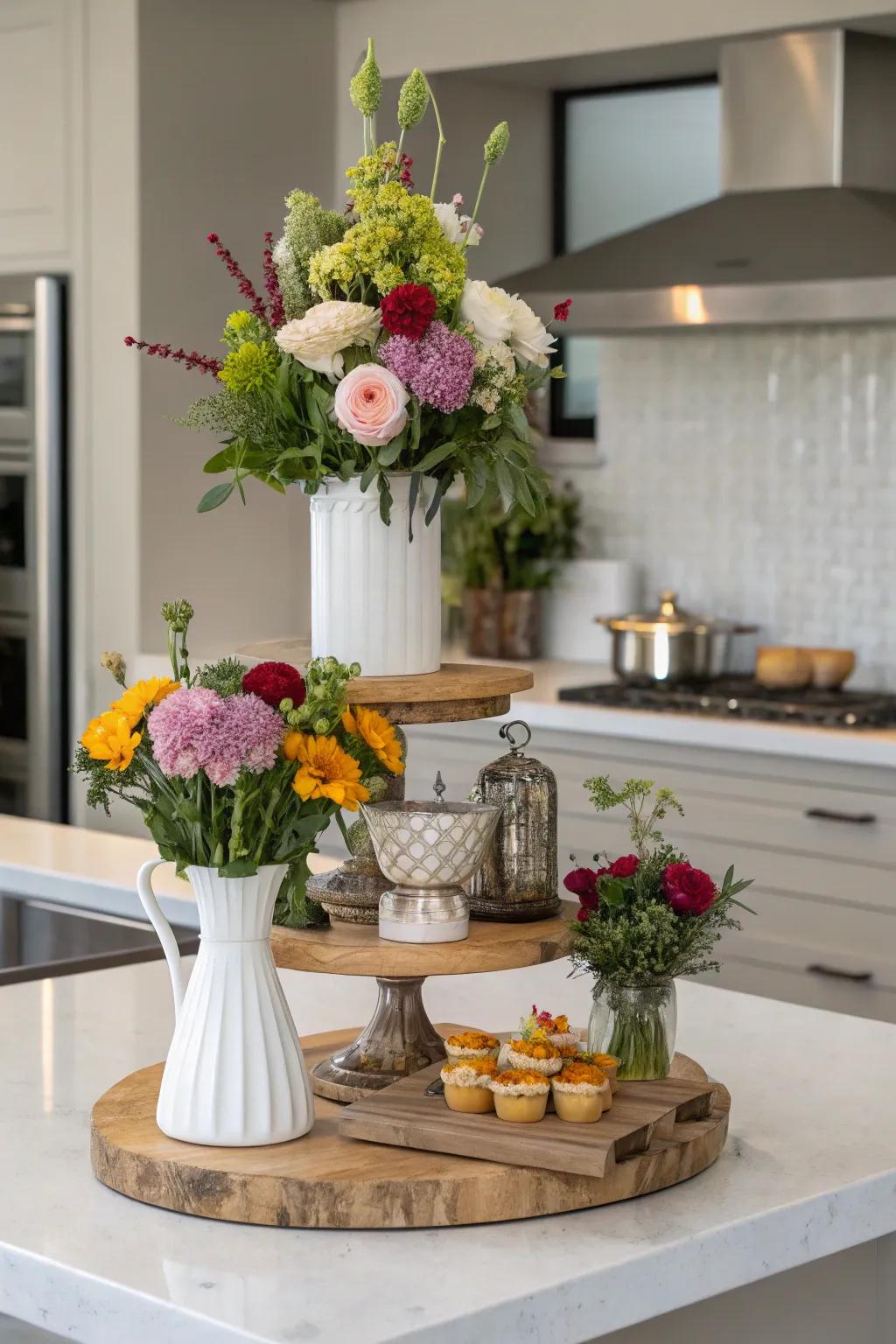 Introduce height and intrigue with a multi-tiered floral display.