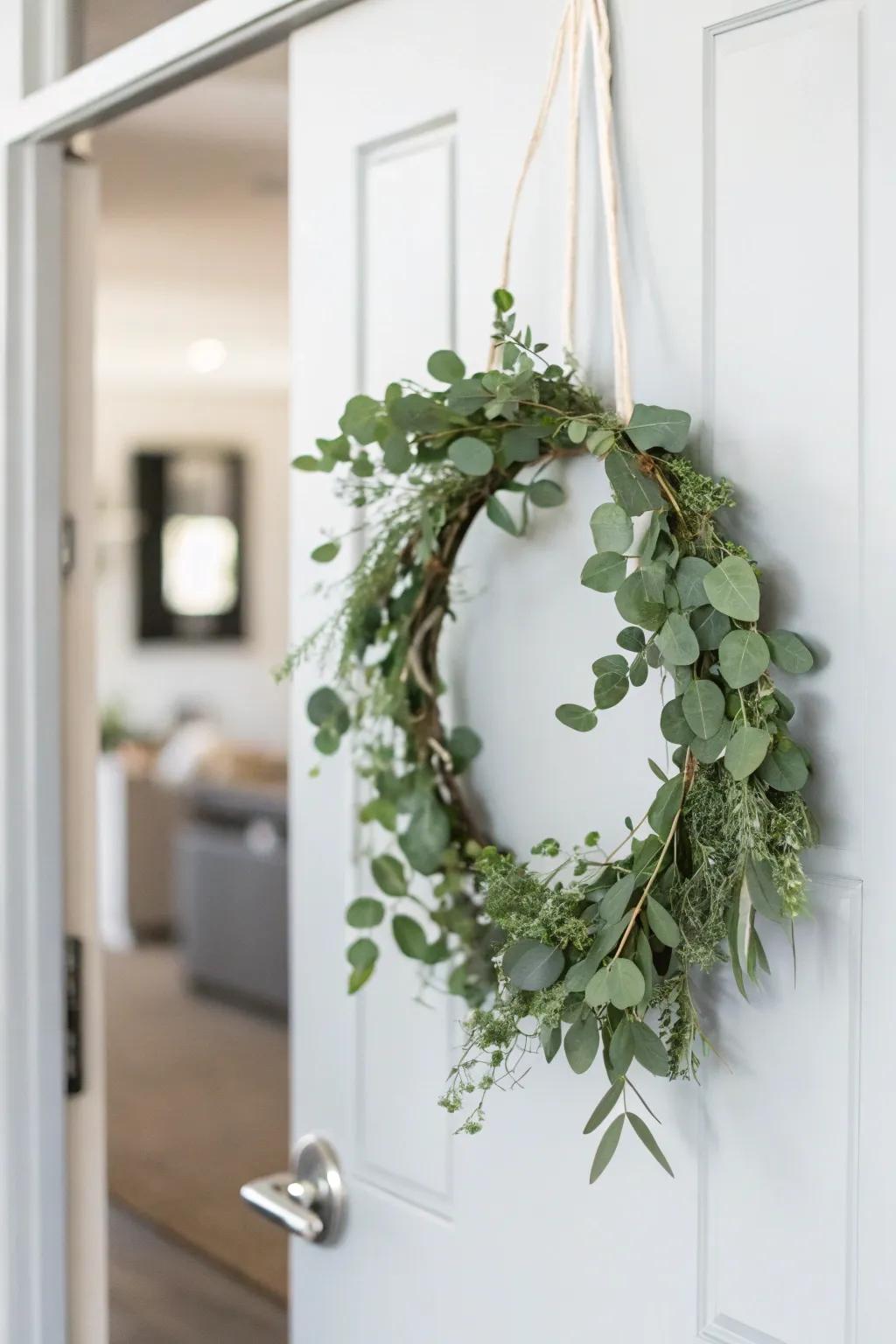 Effortless elegance conveyed through a wreath emphasizing verdure.