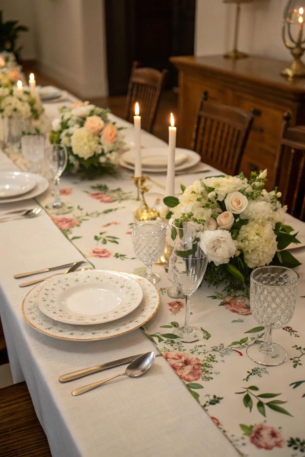 An ivory floral pathway crafting a welcoming dining table setup.