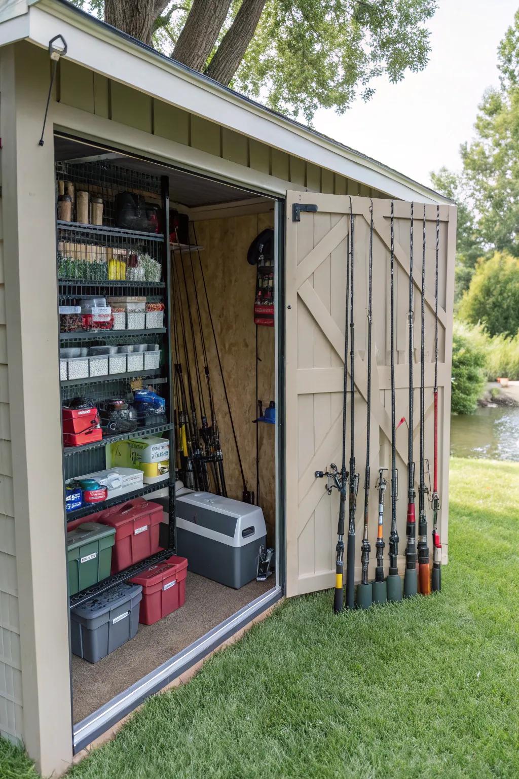 Outdoor shed transformed into an angling gear sanctuary.