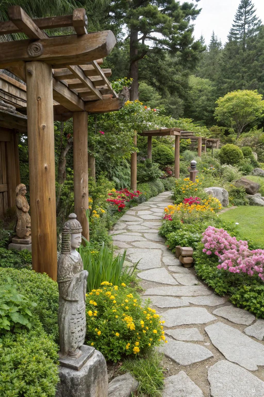 Native sculptures adding artistic flair to the garden.