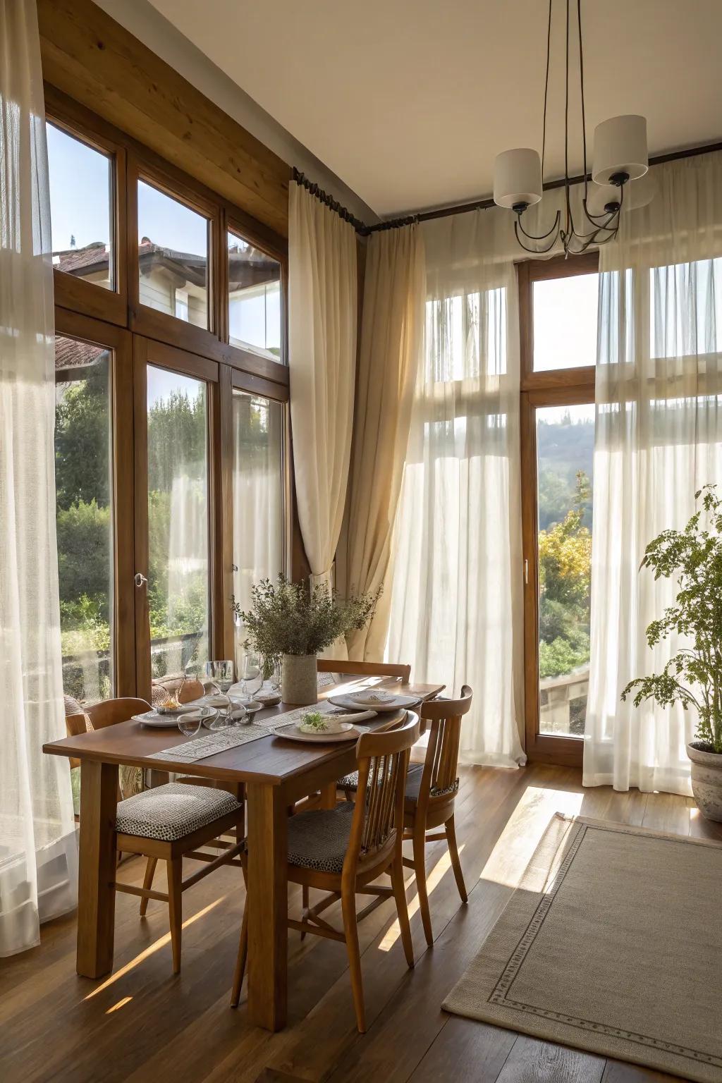 Sheer curtains balance privacy and light in this dining room.