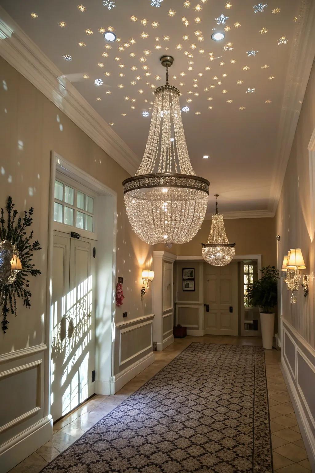 A beaded chandelier incorporates sparkle and fantasy to this inviting foyer.