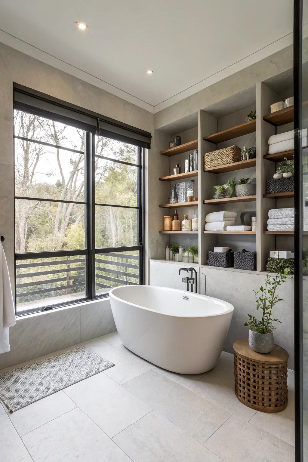 Smart accessories enhancing the organization and functionality of a bathroom.