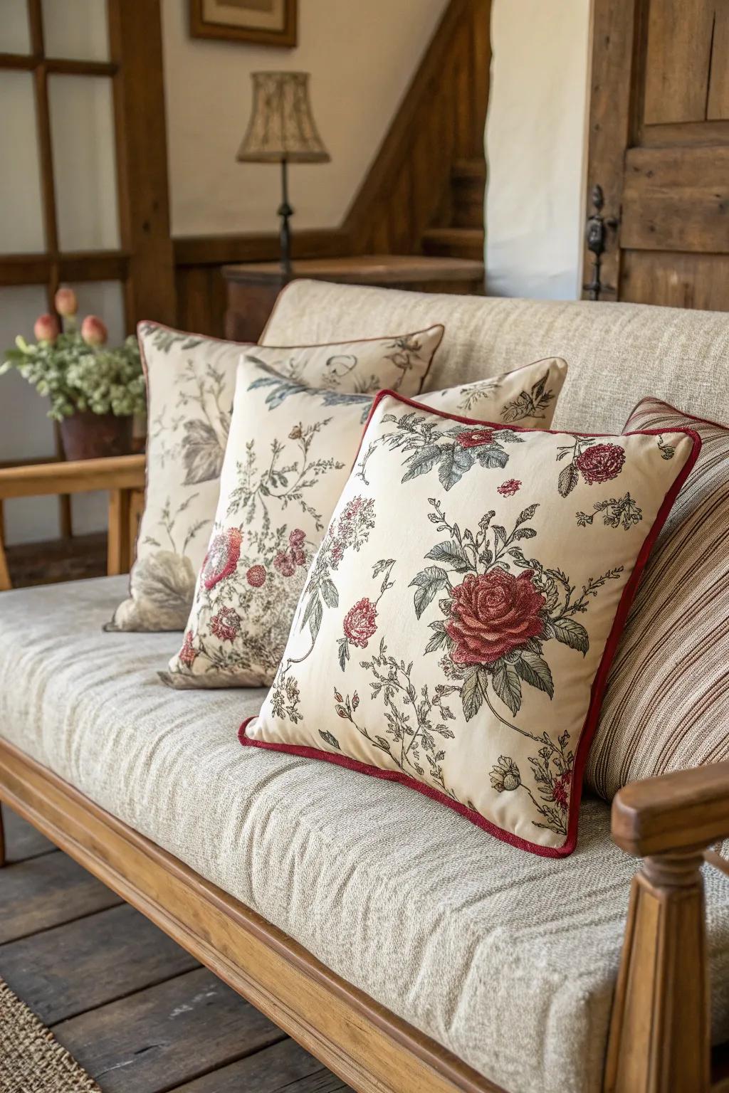 Toile patterned pillows adding a traditional French touch.