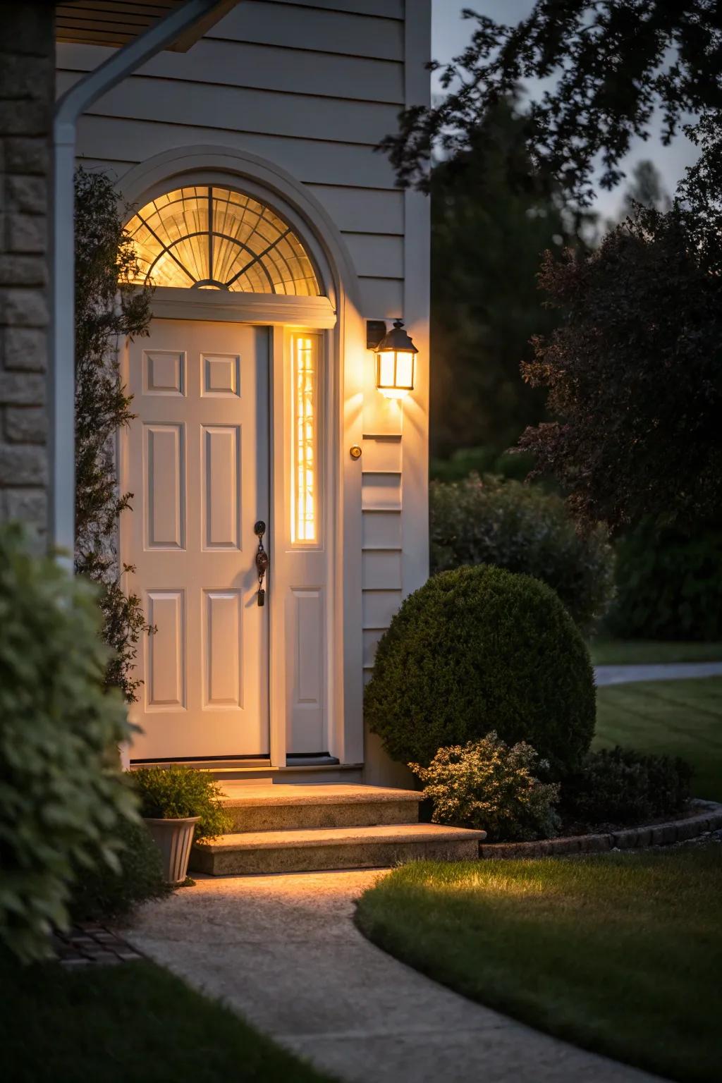Strategic outdoor lighting creating a reflective privacy effect at night.